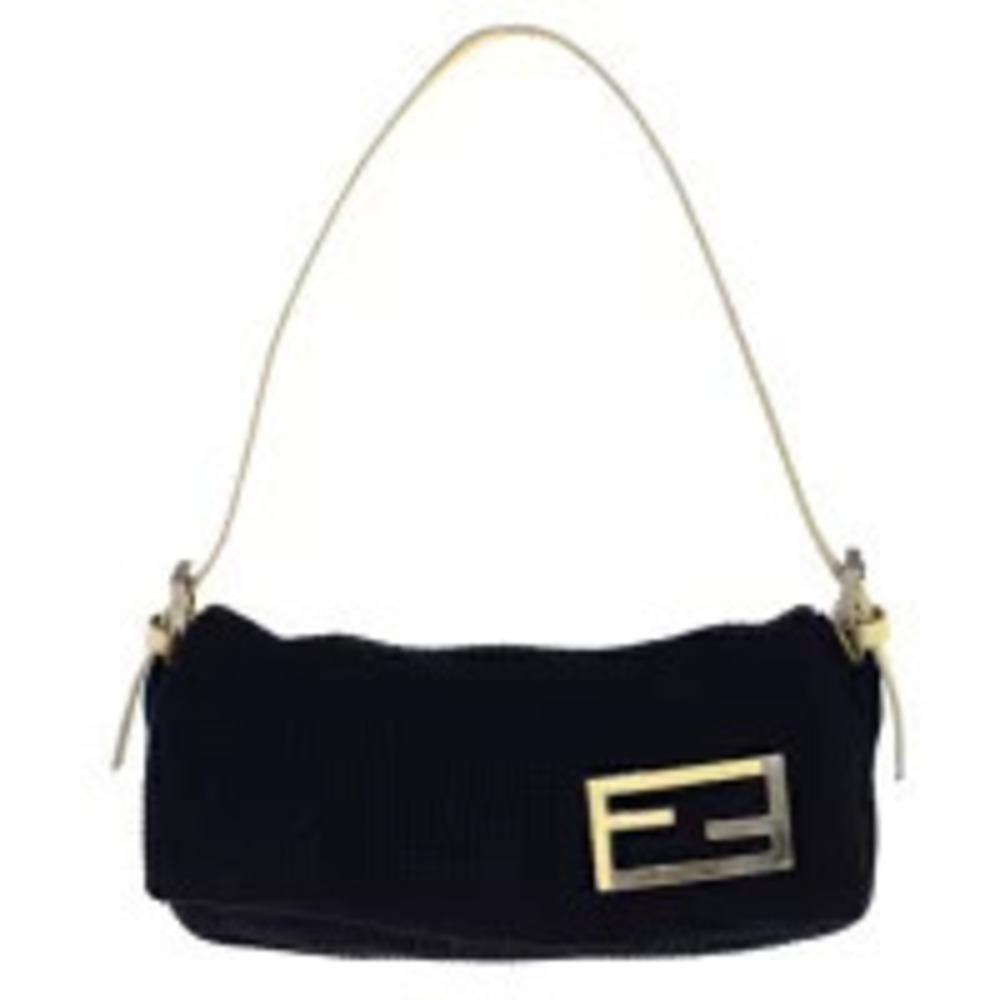 Fendi Shoulder Bag Handbag Knit Navy Blue Wool Leather